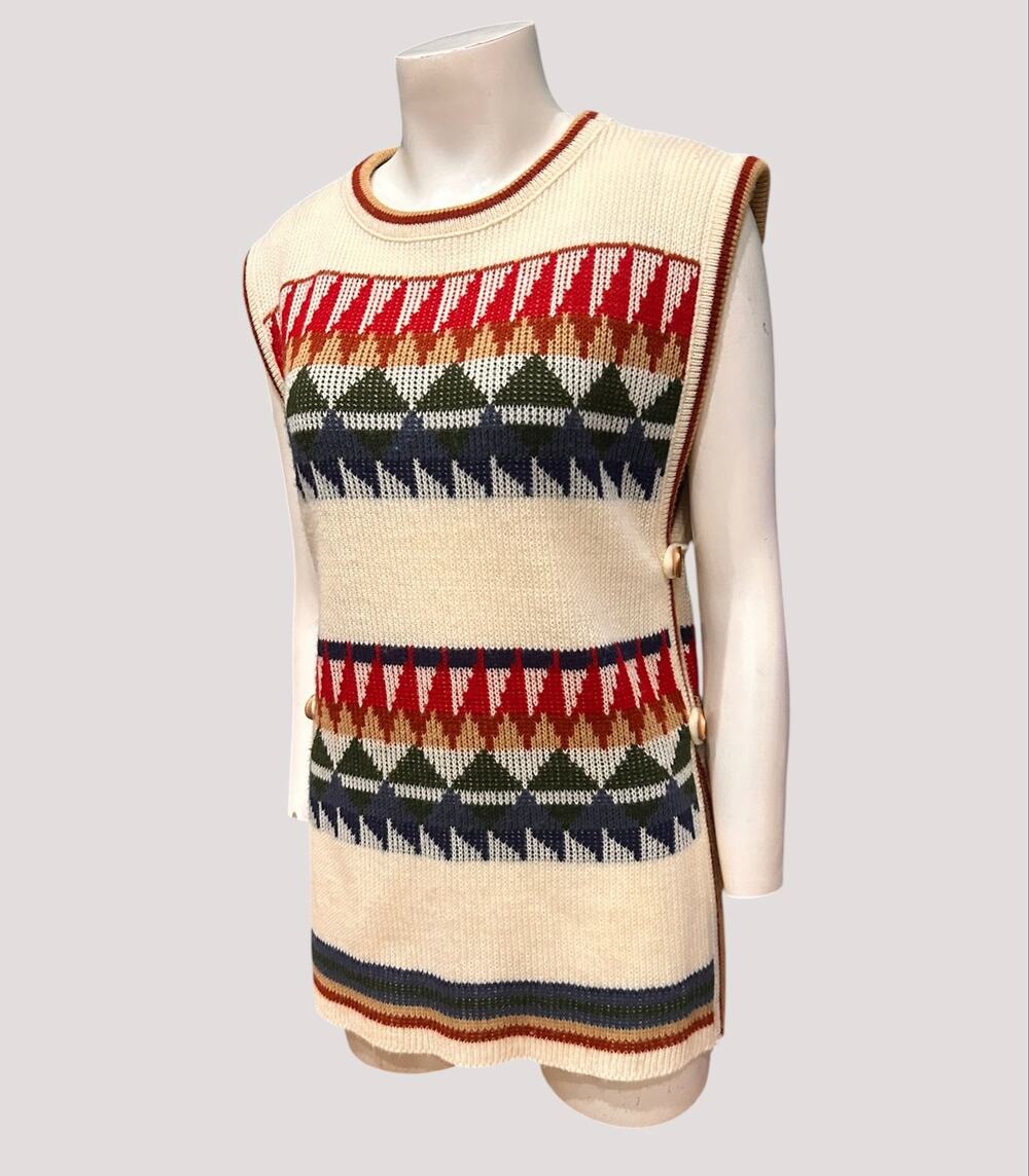 Vintage 70s Geometric Sweater Vest Side Button Tunic Boho Mod XS Small -